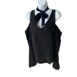 Line & Dot Black Cold Shoulder Blouse With Bow and Slit Sleeves Size Small